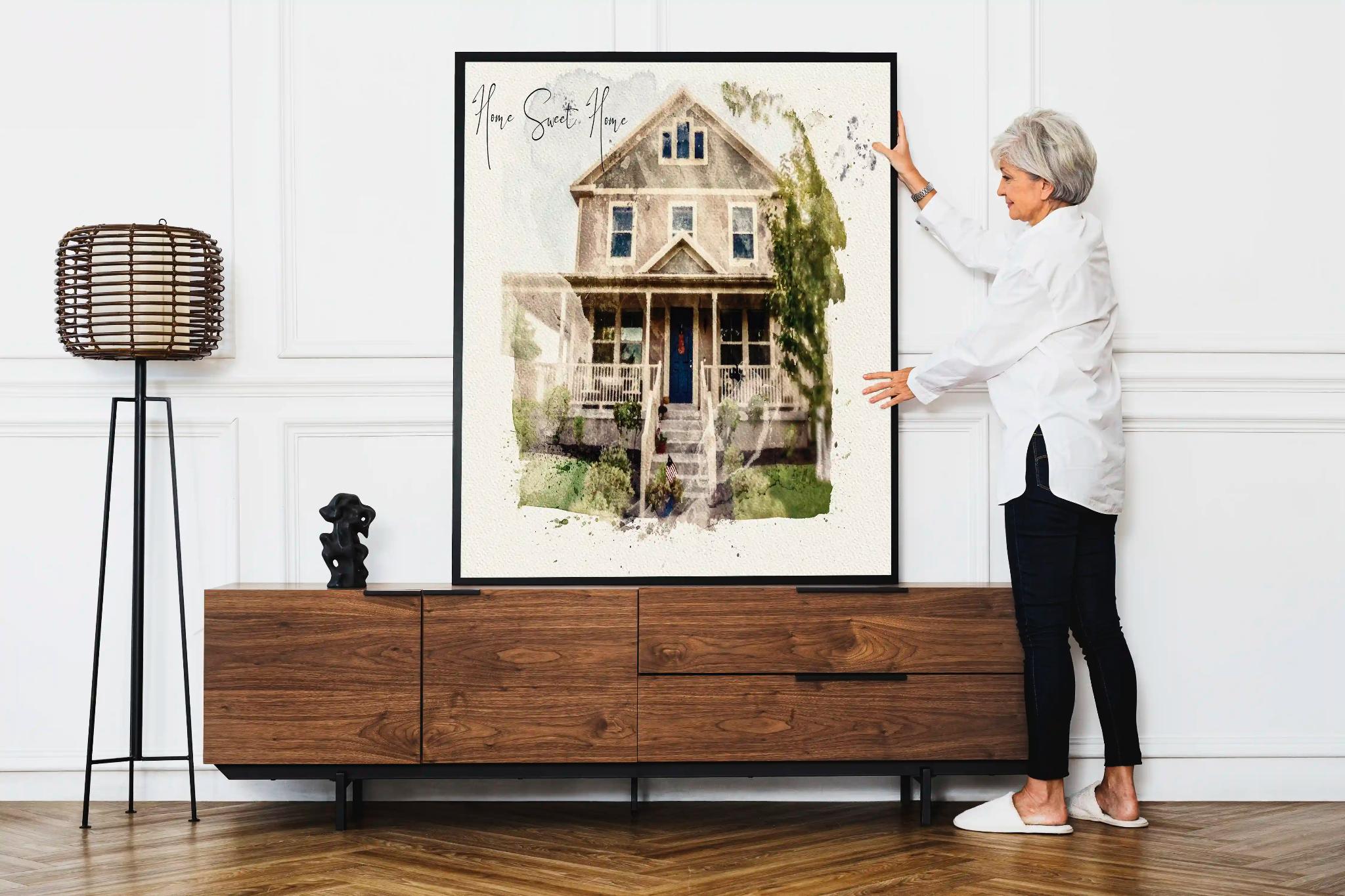 Elaine R.'s childhood home painted as a watercolor portrait, located in Santa Rosa, CA.